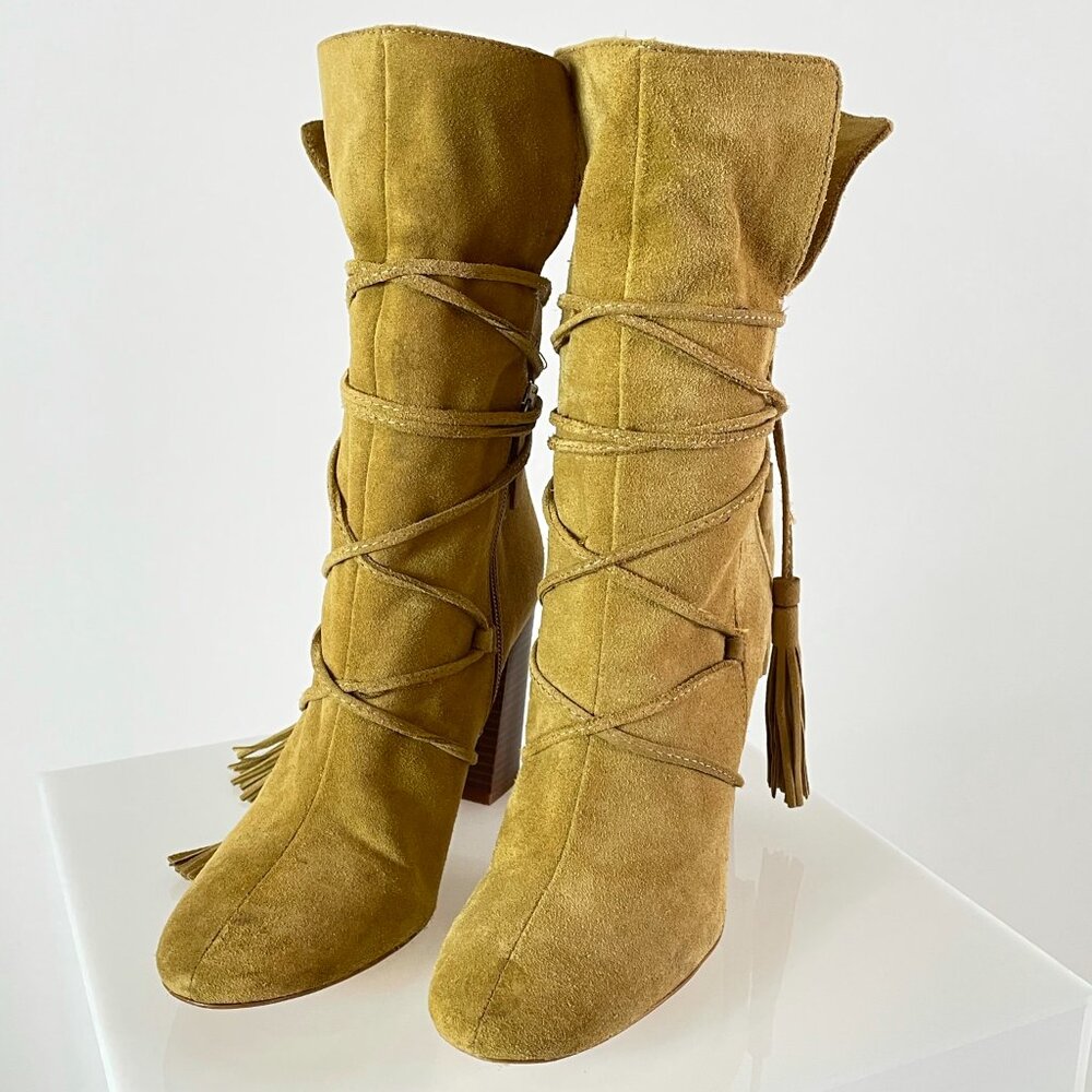 Bohemian | Zara Camel Suede Wrap Boot | Fringe Tassel | Western Cowgirl | Size 8 - Picture 2 of 6